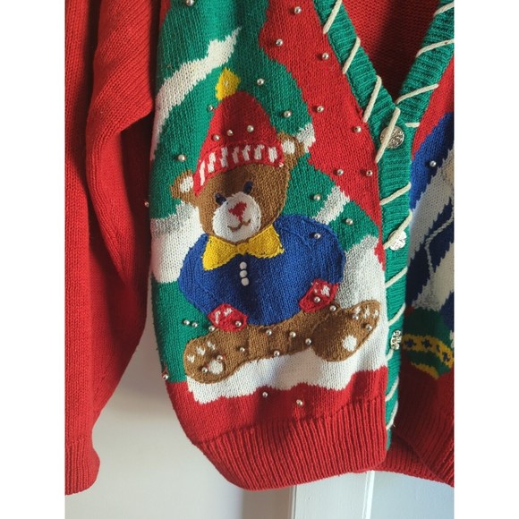 Vintage Lauren Gayle Petite Women's L Red Christmas Cardigan W/ Teddy Bear - Picture 8 of 8